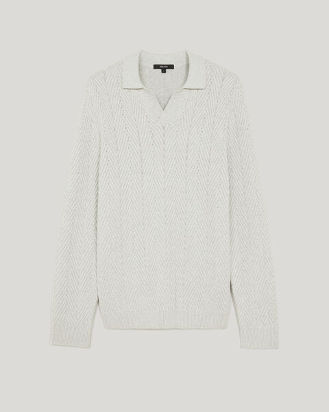 Herringbone Long Sleeve Trophy Neck Knit, Grey Marle, hi-res